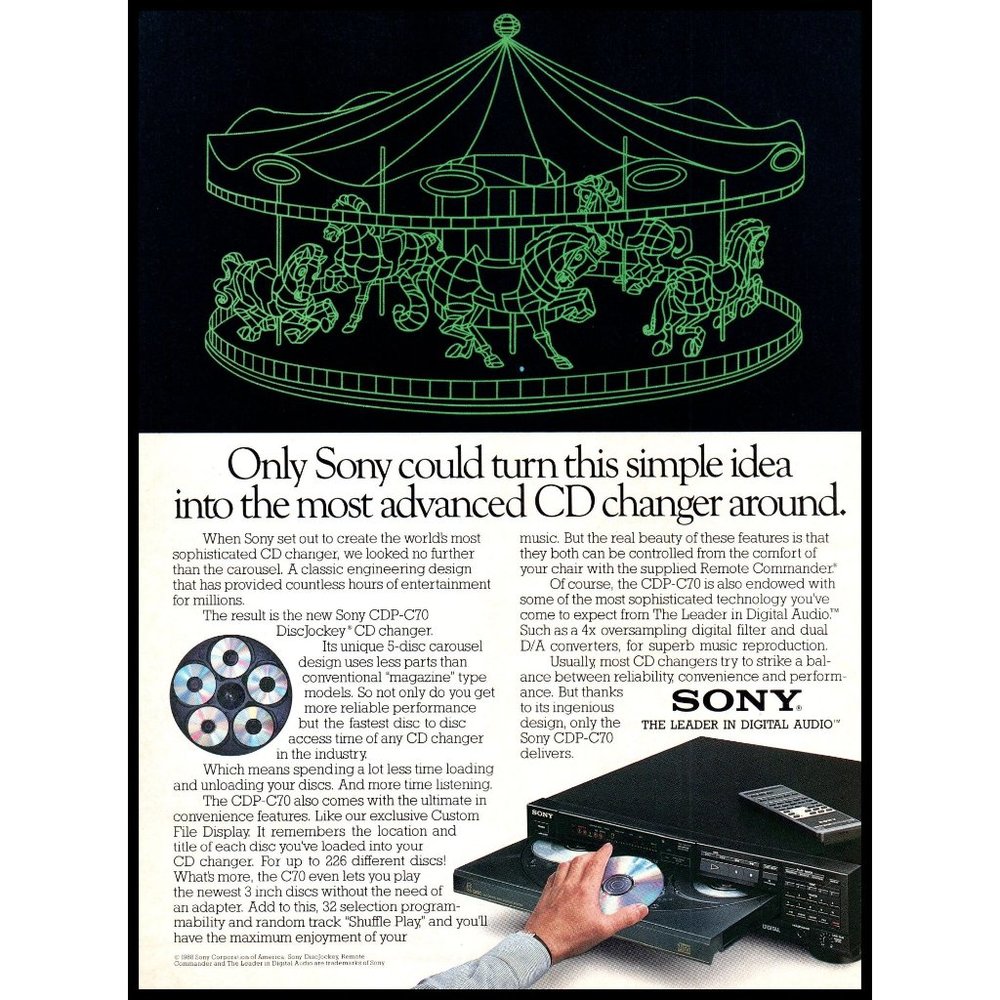 1988 Sony CDP-C70 Disc Jockey Carousel CD Change Vintage Print Ad Audiophile Art